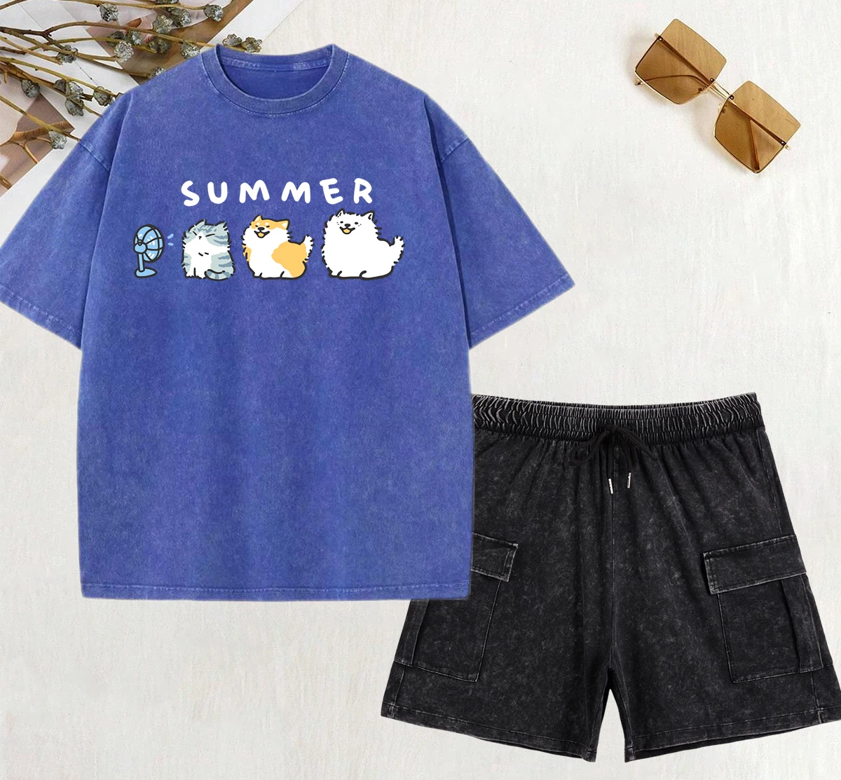 

Cats And Dogs Blowing Fans Prints Washed T-Shirt Set Women Cotton Casual Pants Fashion Street Shorts Set Loose O-Neck T Shirts