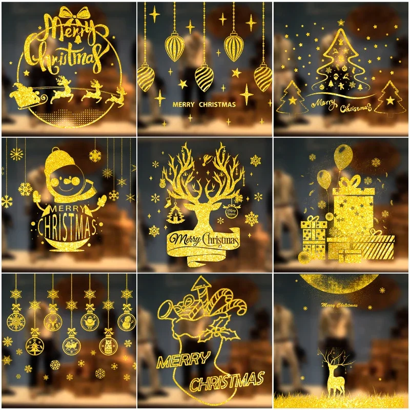 1pcs Christmas Gold Snowflakes Show Glass Window Stickers Tree Gift Deer Sled French Window Stickers Event Party Supplies