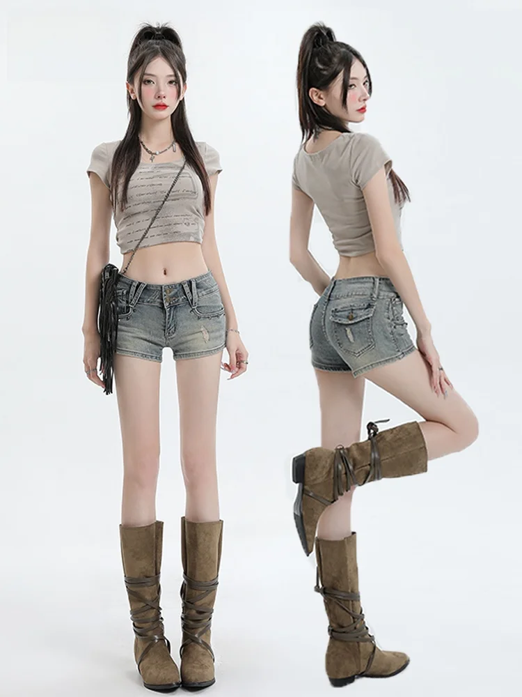 

Светлые джинсовые шорты с низкой посадкой для женщин, летние, ультракороткие, износостойкие, с микроэластаном, стандартный крой, для повседневной носки