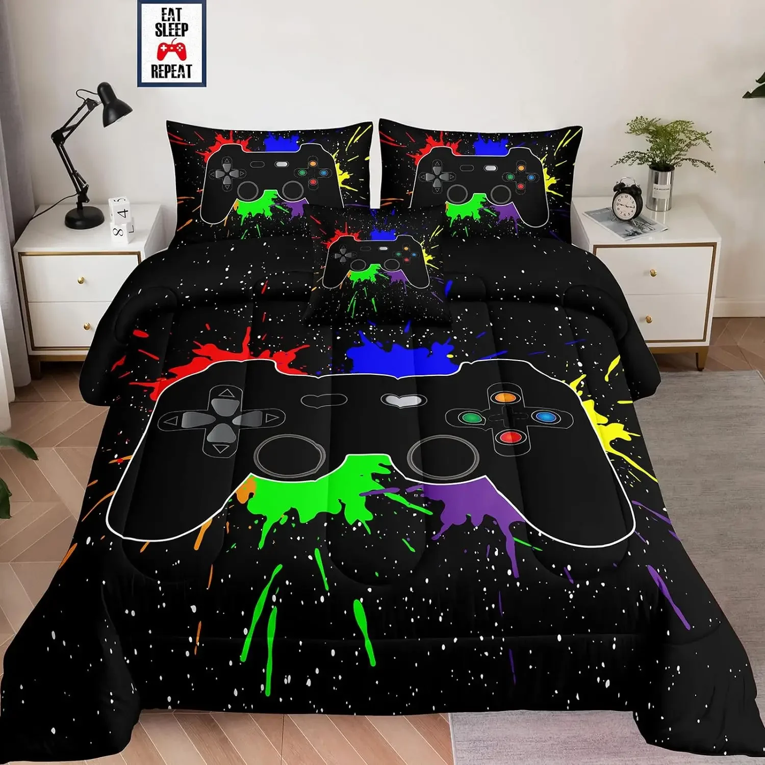 

Boys Gamer Comforter Sets Twin Size for Kids Bedding,5 Piece Bed in a Bag Gaming Bedding Set,Boys Game Console Pattern Bed Set