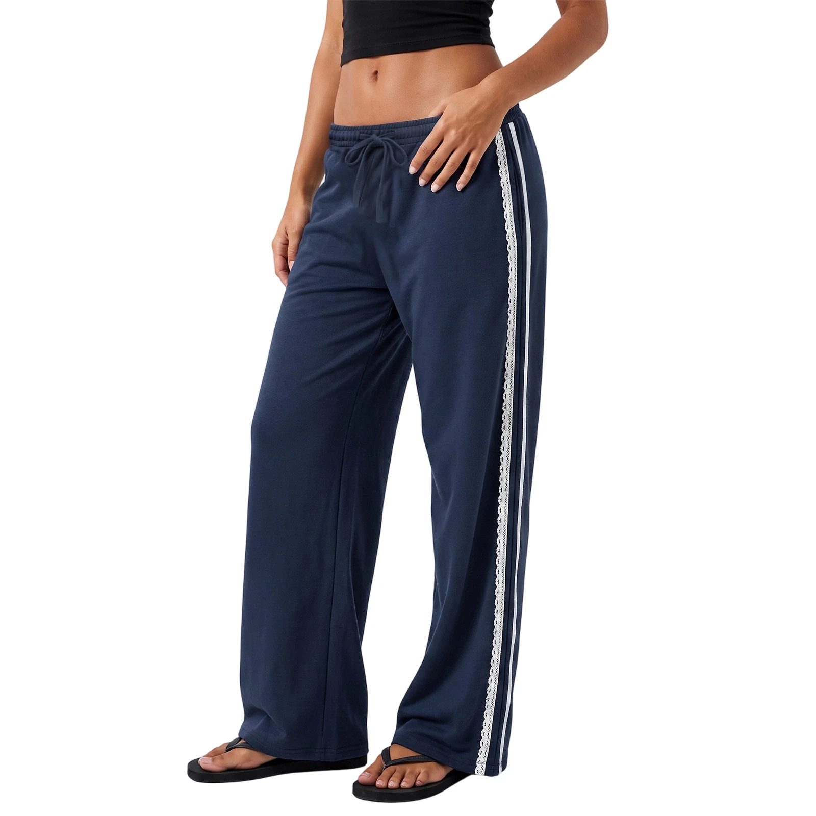Women Wide Leg Pants with Pockets Casual Loose Elastic Mid Rise Trousers