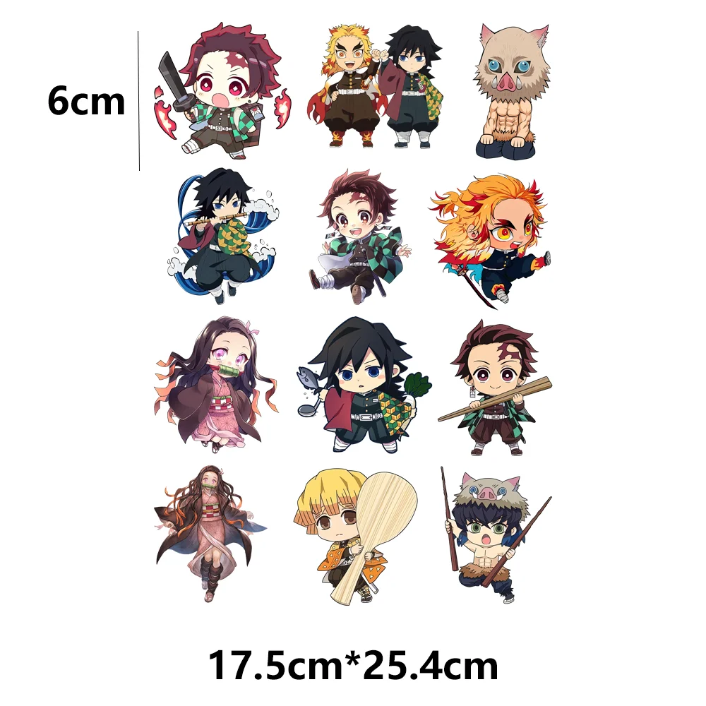 12Pcs/Lot Iron On Fusible Thermoadhesive Patches For Clothes Heat Thermal Transfer Stickers Anime Demon Slayer Jujutsu Kaisen