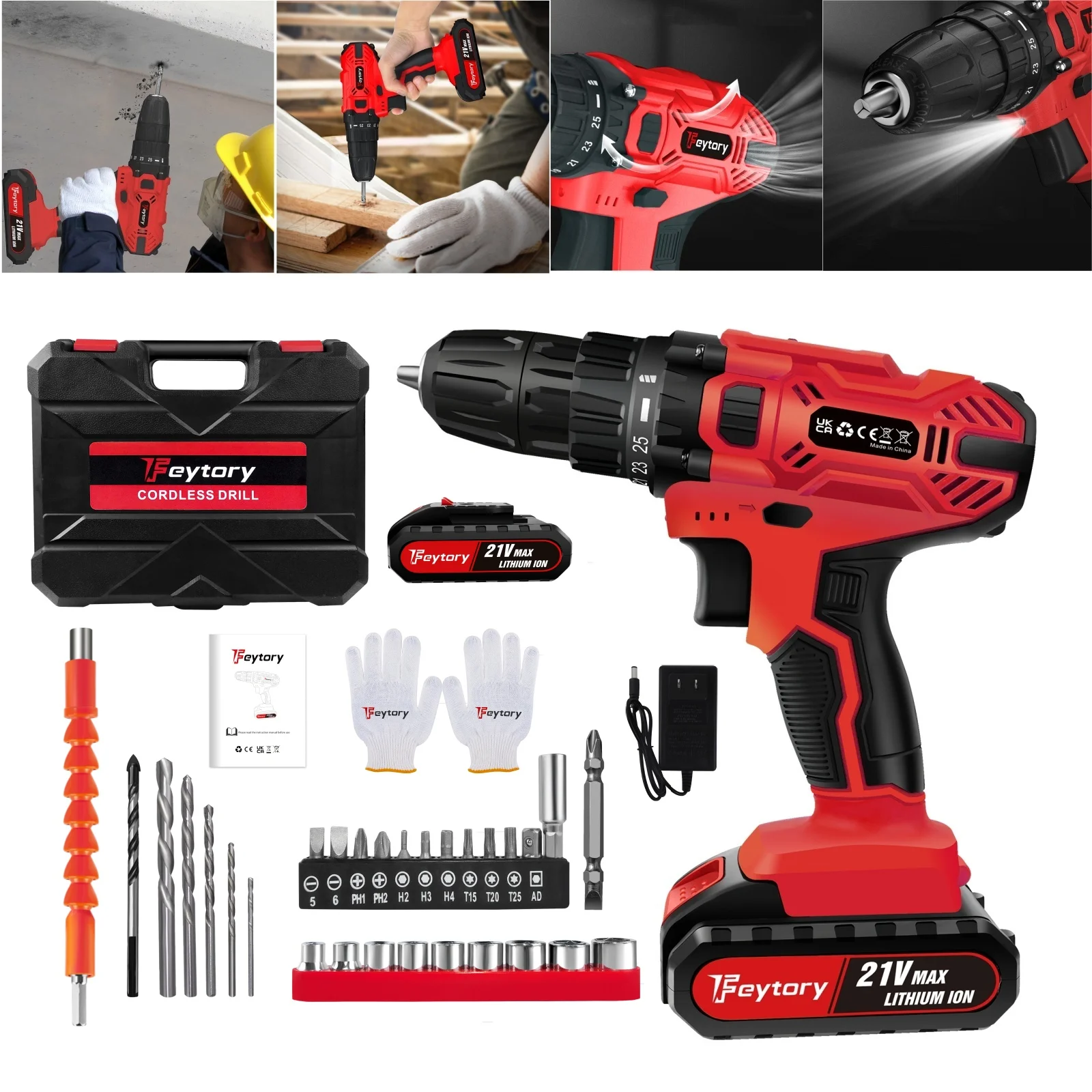 Cordless Drill Driver Set,21V Electric Drill Battery Power Drilling Driver for Plastic, Wood, Metal, Screws ,2-Speed,LED Light