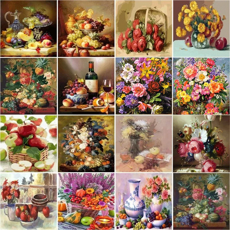 Gatyztory Adult Coloring By Numbers Flowers DIY Unframe Decor For Home Oil Painting By Numbers Fruit Acrylic Paint Handpainted G