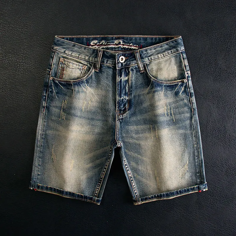 

Summer Fashion Men Jeans Retro Washed Blue Stretch Slim Fit Ripped Short Jeans Embroidery Designer Vintage Denim Shorts Men