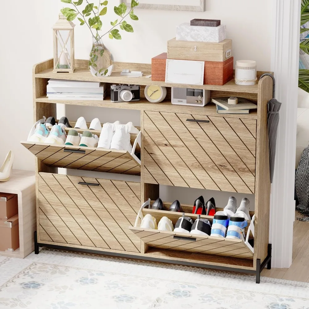 

Large Shoe Cabinet With 4 Flip Drawers, Freestanding Storage Organizer, Metal Sturdy Legs, Rustic Slim Narrow Rack, Hidden Cabin