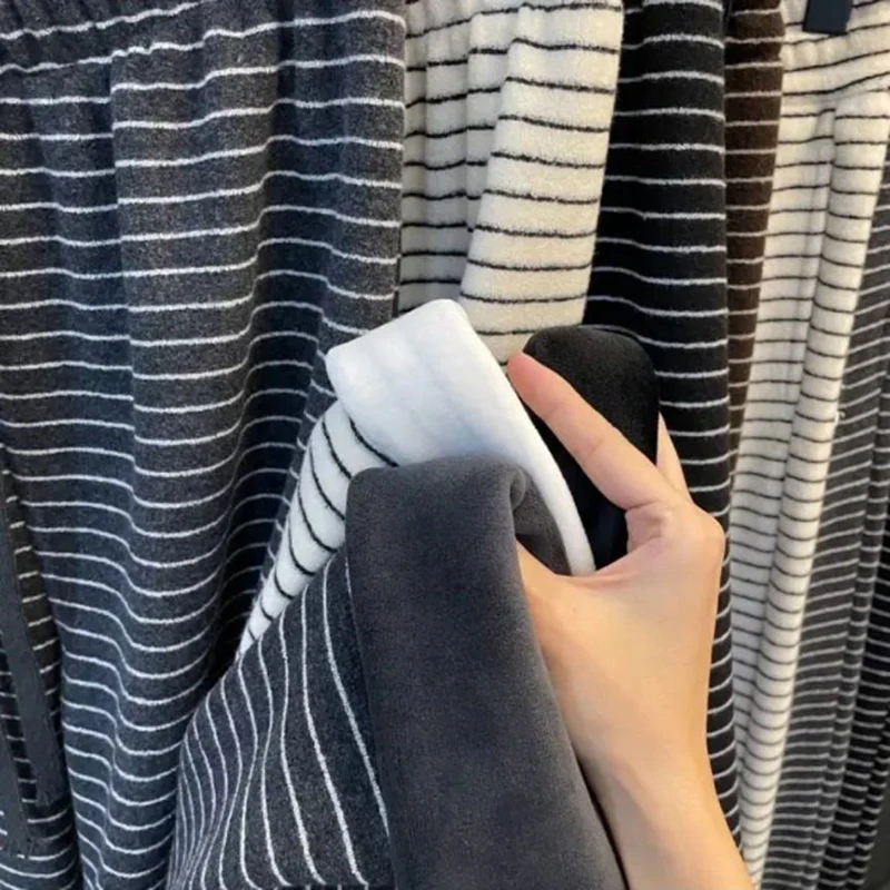 Harajuku Striped Wide Leg Pants Women Y2K Streetwear Autumn Winter Casual Trouser Loose Plush Thick Drawstring Straight Pants