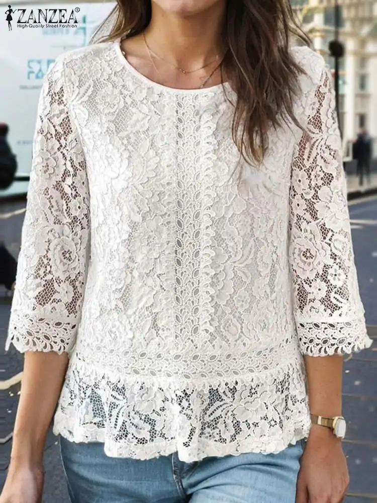 2024 ZANZEA Autumn Lace Crochet Blouse Bohemain Holiday Shirt Women Elegant 3/4 Sleeve Work Blusas Stylish Patchwork Tops Tunic