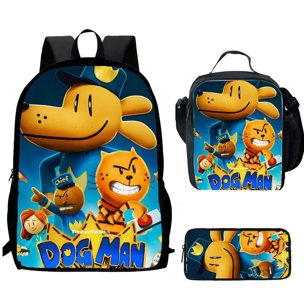 Dogman Cartoon 3 pcs set Child School Backpack with Lunch Bags ,Pencil Bags  School Bags for Boys Girls Best Gift