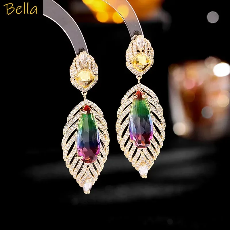 أقراط ريشة ذهبية اللون لون ذهبي الزركون النحاس الوردي قوس قزح قطرة قلادة أقراط النساء عشاء مجوهرات الحفلات هدية #4