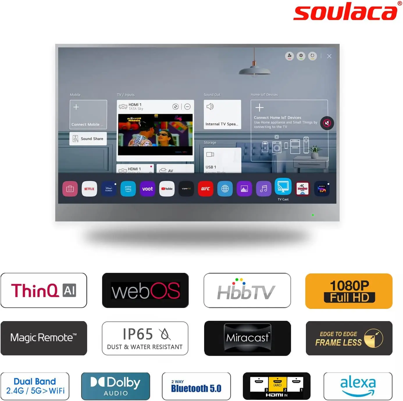 Soulaca 22 Inches Smart Mirror Bathroom Waterproof LED WebOS Deco Framed TV With Ivory White Color Frame