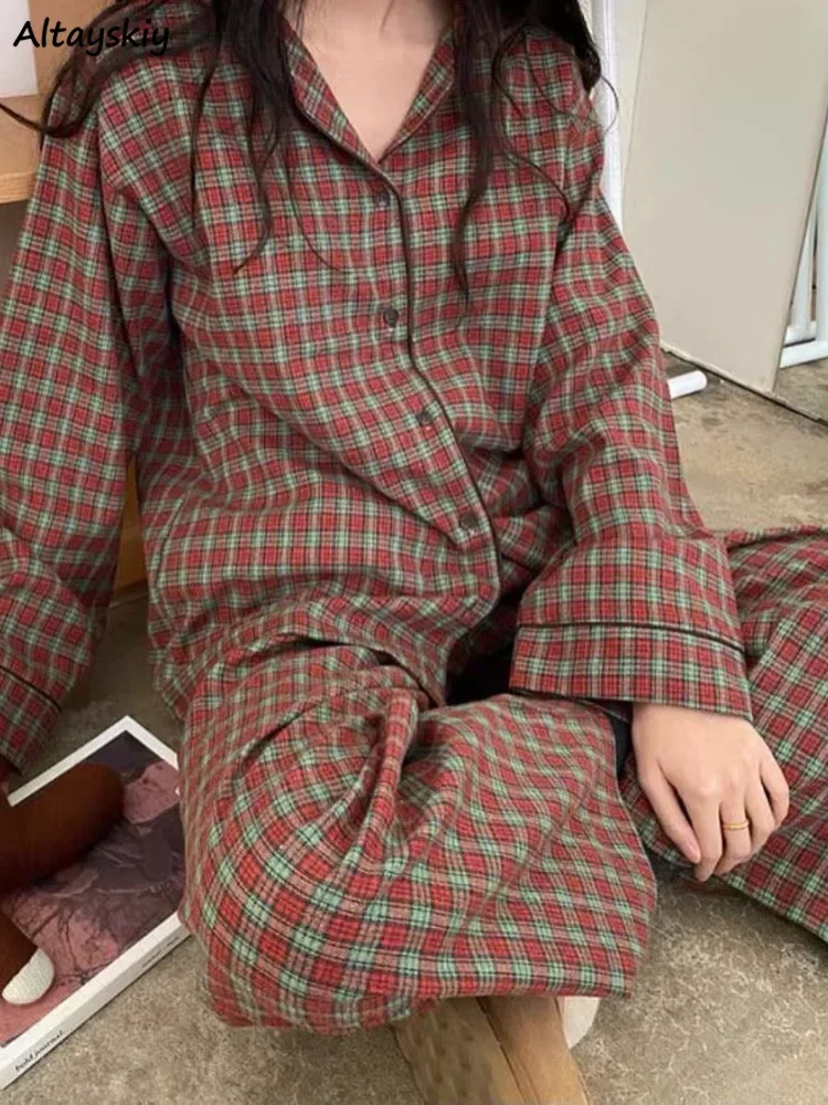 Red Plaid Pajama Sets Women Vintage Loose Panelled Fashion Chic Casual  Sleepwear Spring Korean Style College Girls Popular Soft