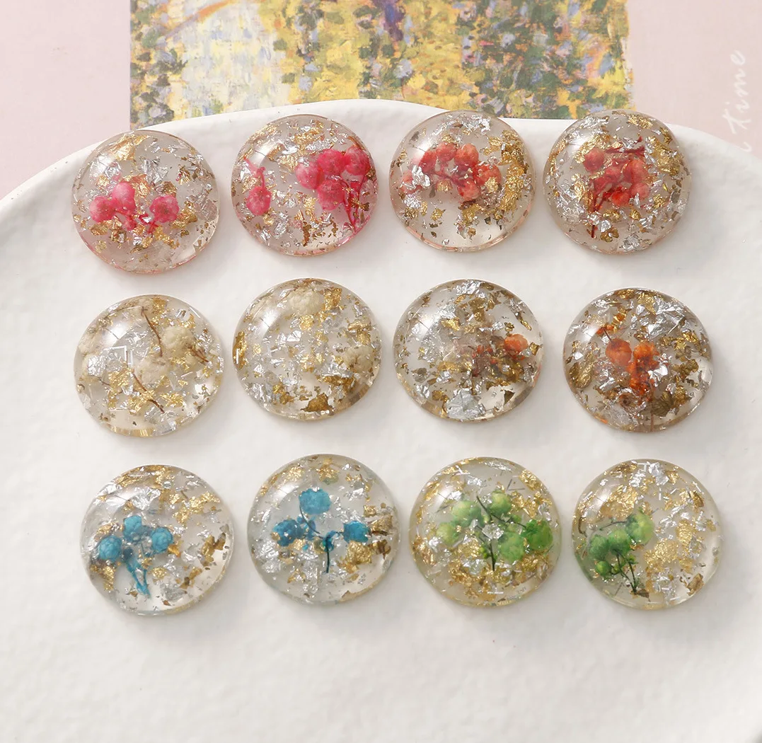 

Wholesale 100pcs 20mm Crackle Style Dry Flower Decorated Round Geometry Resin Cabochons Ornament Accessory Beading Plastic Cameo