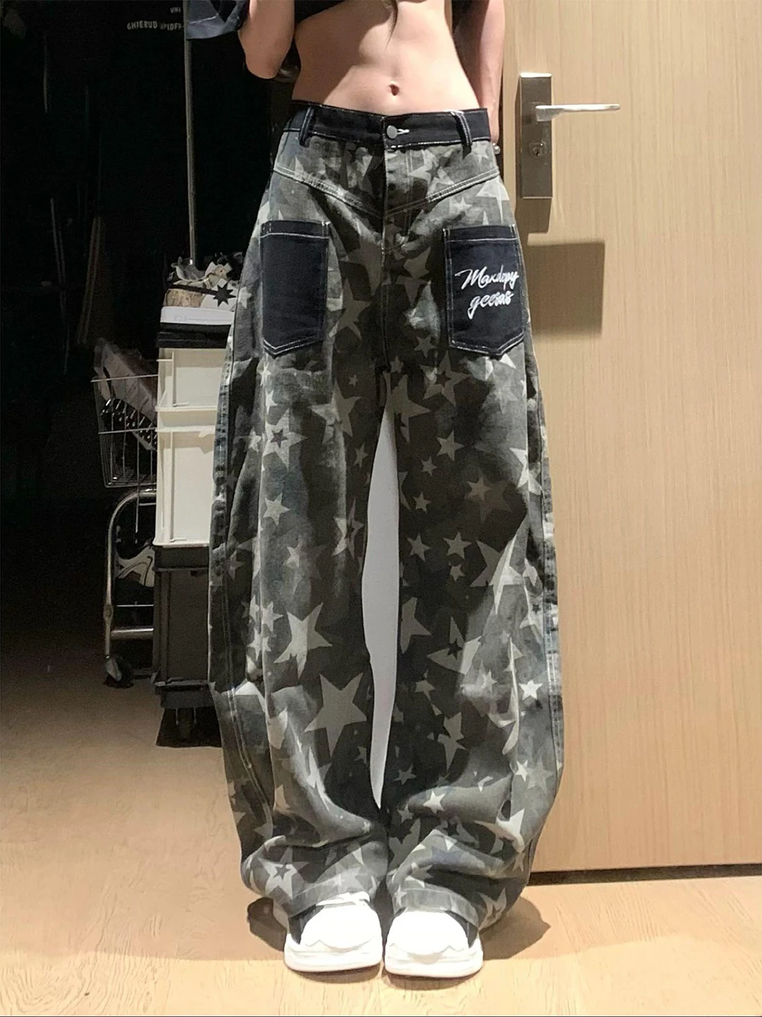 

American High Street Star Print Jeans Men Women Retro Trendy Camouflage Workwear Loose Wide Leg Pants Summer Casual Jeans