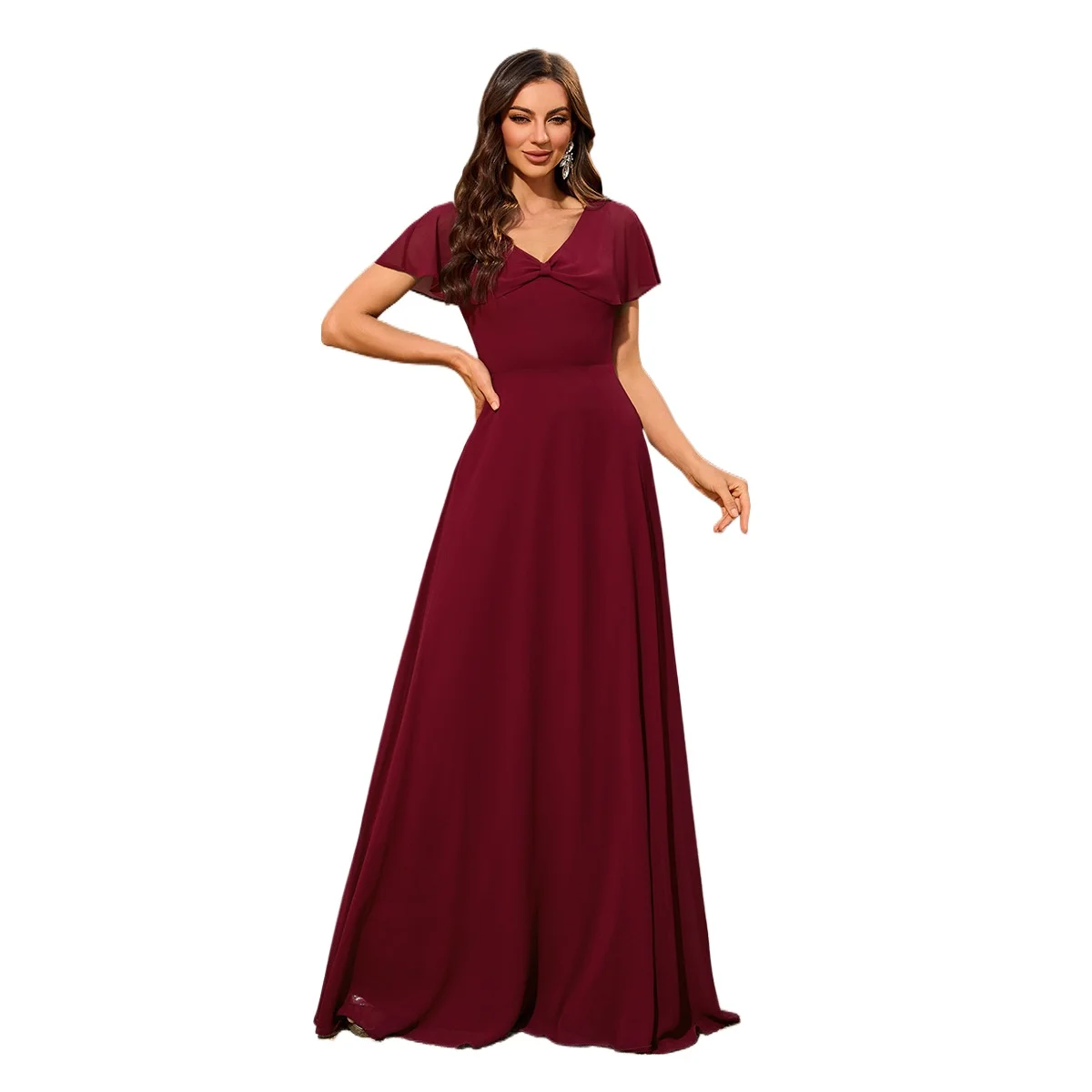 

Elegant V-neck Ruched Chiffon Long Formal Evening Dress Burgundy
