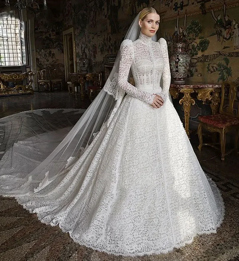 Skromne suknie ślubne Victoria Robe De Soirée De Mariage Full Lace Princess Suknie ślubne z długimi rękawami i wysokim dekoltem w stylu vintage