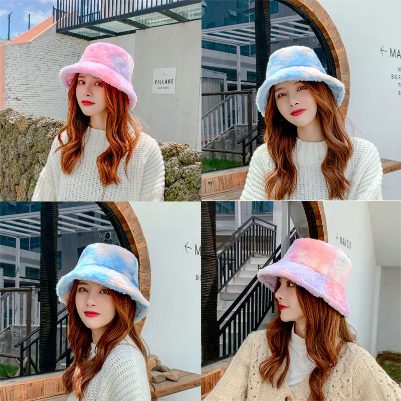 Tie Dye Colorful Plush Bucket Caps Lamb Wool Winter Hats For Women Panama Cap Furry Velvet Rainbow Sun Hats Girl Fisherman Hat