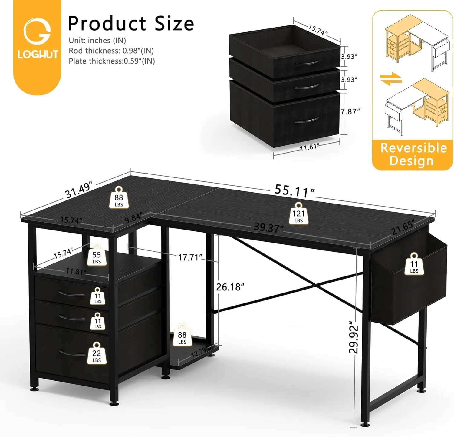 Bureau de jeu d'ordinateur d'angle réversible, égouts de proximité en tissu à 3 niveaux, support CPU, étagères de sac de rangement, table d'étude de travail, noir, 55 po