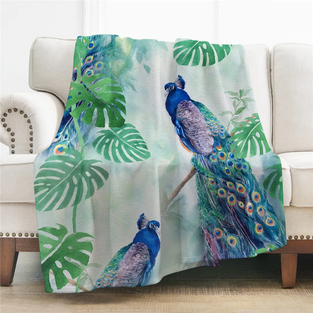 

CLOOCL Animal Flannel Blanket Vintage Botanical Peacock Printed Throw Blankets for Beds Nap Plush Quilt Portable Travel Quilts