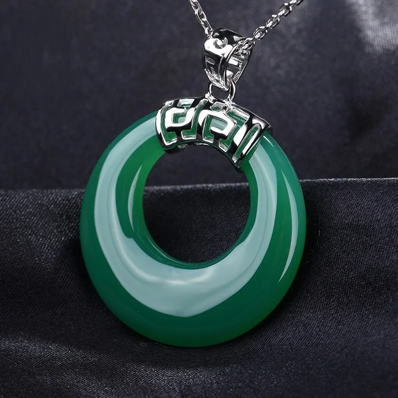 Natural Green Chalcedony Hand-carved Safe Buckle Pendant Fashion Boutique Jewelry Men and Women Agate 925 Silver Inlaid Necklace