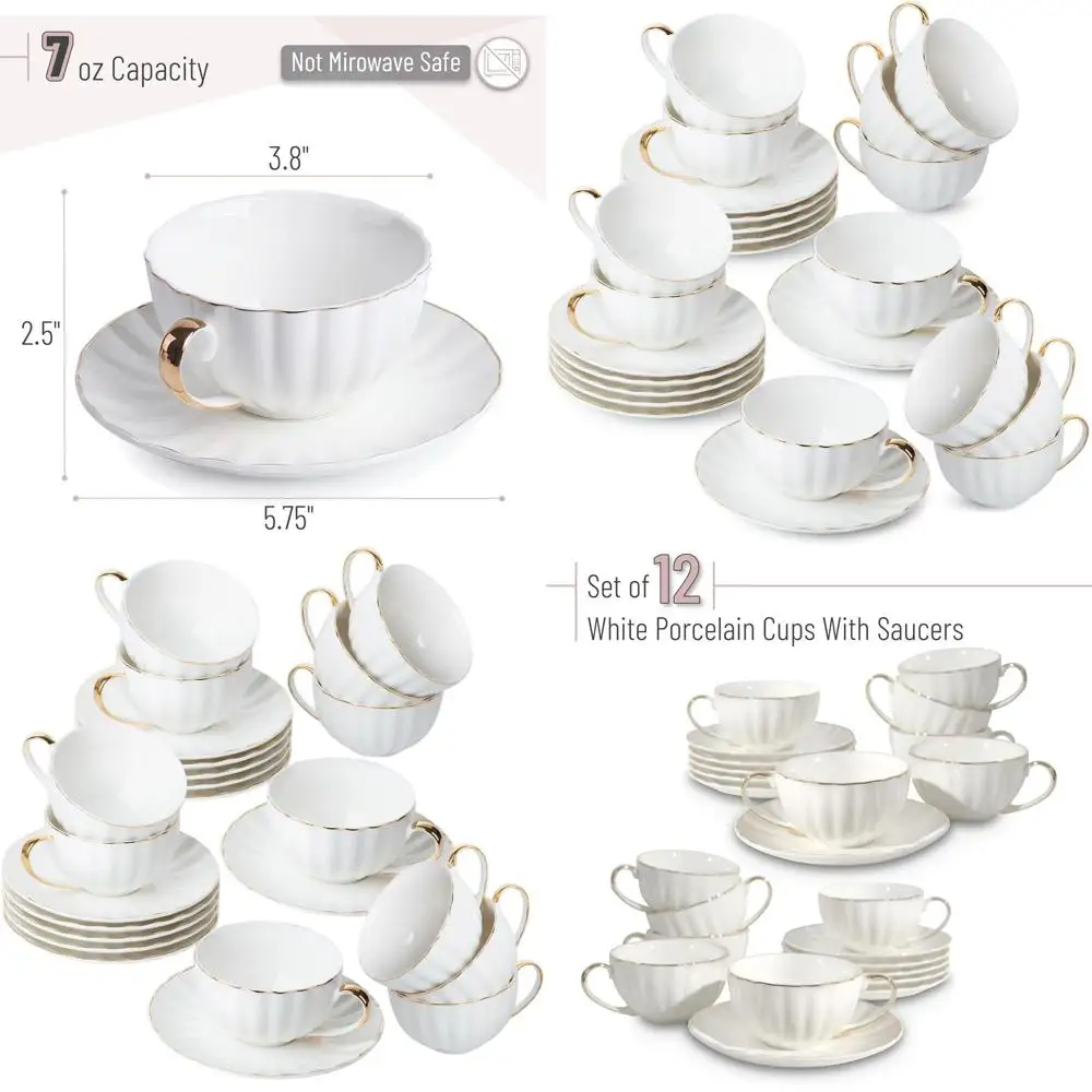 

Набор из 12 фарфоровых белых чайных чашек и блюдец, 7 унций, с декоративной отделкой, можно мыть в посудомоечной машине, идеально подходят для рождественских подарков