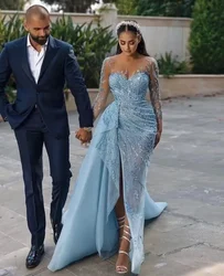 Blue Dubai Luxury Beaded Long Slevees Evening Dress Arabic Party Dress Side Slit Prom Dresses 2024 Wedding Party Gown Customized