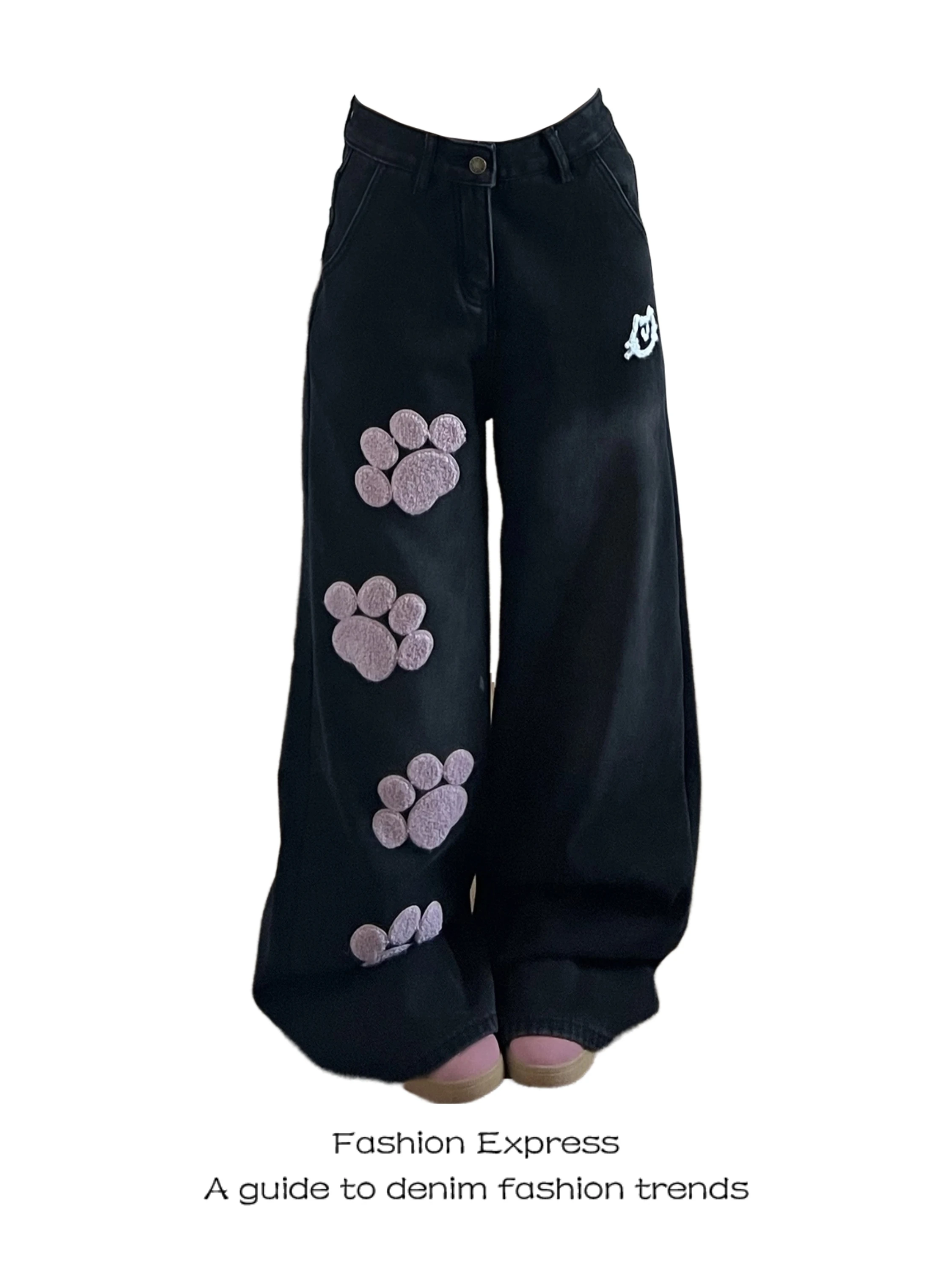 

Cute Embroidered Claw Jeans Women's High Waist Loose Slimming Wide Leg Pants Casual Style Four Seasons Wear Resistant