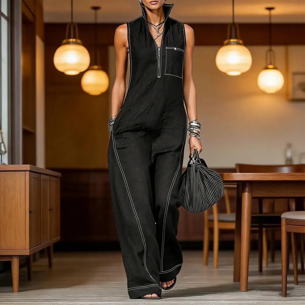 

Women Sleeveless Jumpsuit Casual Long Pants Rompers with Pockets Summer Zip Up Stand Collar One Piece Overalls 1pcs
