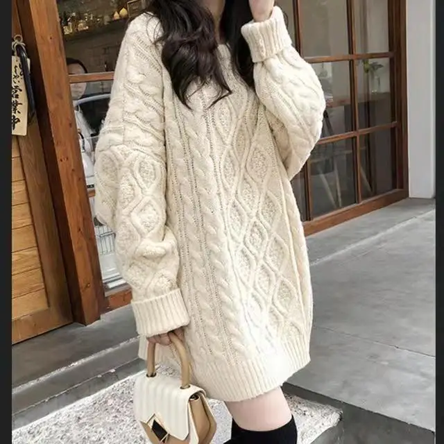 

Ladies plus Size Knitted Sweater Autumn Winter Outerwear Thi Yarn Lazy Twist Sle Cozy Warm Faionable New Student Model