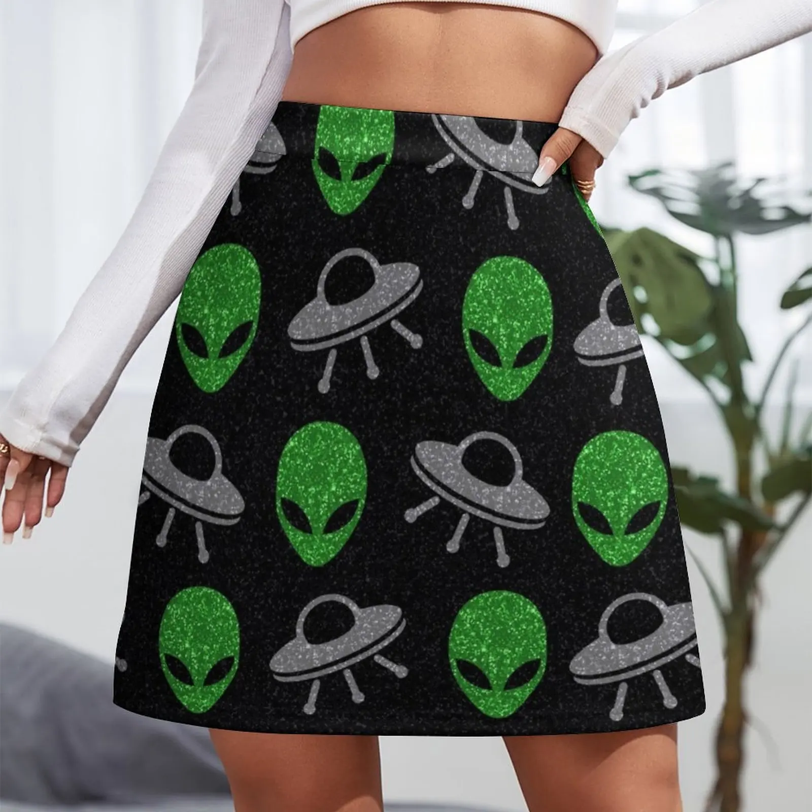 Minifalda con patrón de OVNI para mujer, pantalones de falda, hacer contacto, Alien