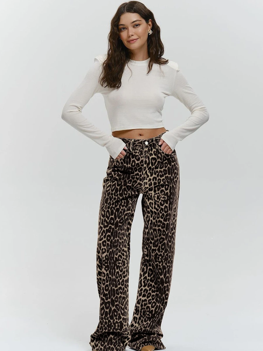 Bornladies Women Retro Leopard Pattern Pants Streetwear Women Loose Low Waist 100% Cotton Casual Full Length Wide Leg Pants