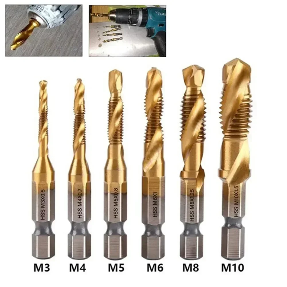 1pcs Plated Hex Shank HSS Screw Thread Metric Tap Drill Compound Tap For Processing Wood Plastic Aluminum M3-M8