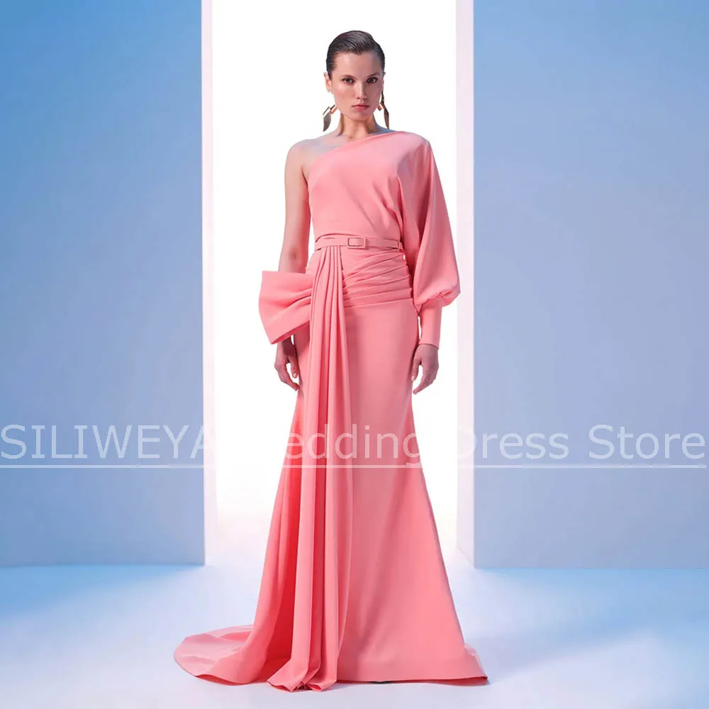 

Pink One-Shoulder Prom Dresses Chic Ruched Belted Waist Mermaid Party Gowns Floor Length Formal Prom Wedding Guest Dresses