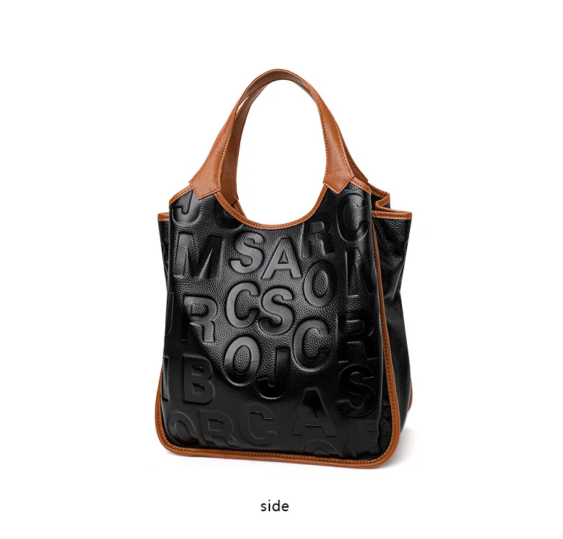 Aidrani Damen-Handtasche mit großer Kapazität, Leder, Rindsleder, Farbblock-Design, Aufschrift, Aufbewahrungstasche, Damen-Tragetasche mit Reißverschluss – Detail 9
