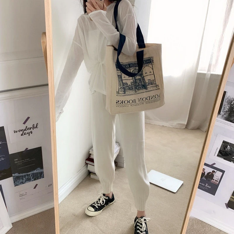 Women Canvas Shoulder Bag London Books Print Ladies Casual Handbag Tote Bag Reusable Large Capacity Cotton Shopping Beach Bag