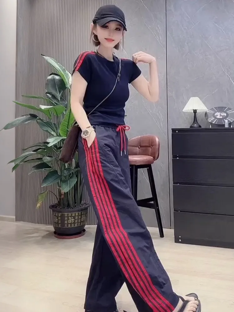 Summer Women Sportswear Short Sleeve Pullover T Shirt High Waist Drawstring Striped Straight Pants Running Sports Two Piece Set
