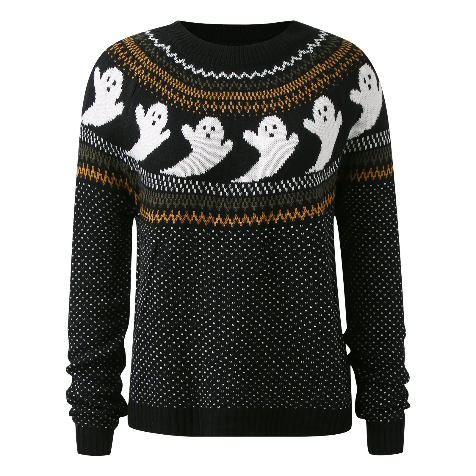 Women Halloween Sweater Autumn Winter Casual Fashion Round Neck Ghost Print Knitted Sweater Pullover Casual Jumper Loose Blouse