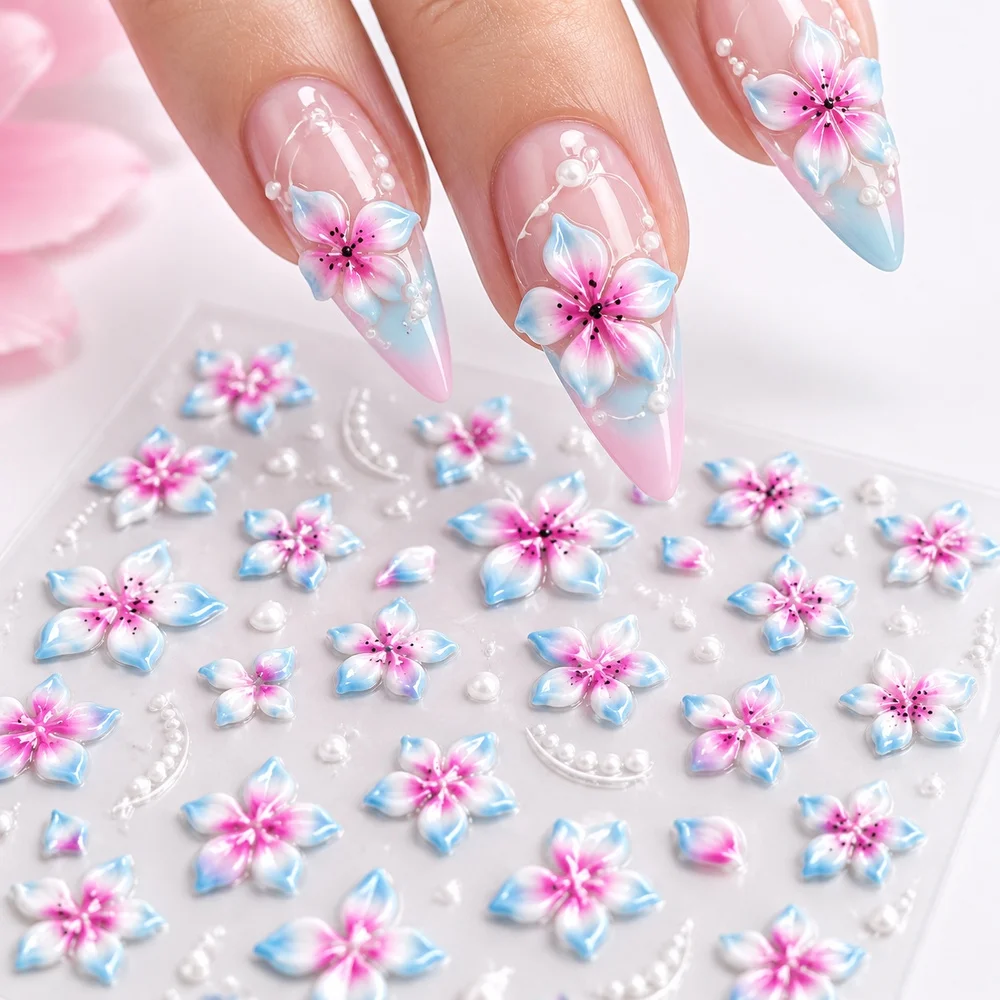 1Pc Premium Nail Sticker Clear Backing Gradient Blue Pink Lily Pearl Cluster Decal Wedding Self-Adhesive Ceremony Manicure Decor