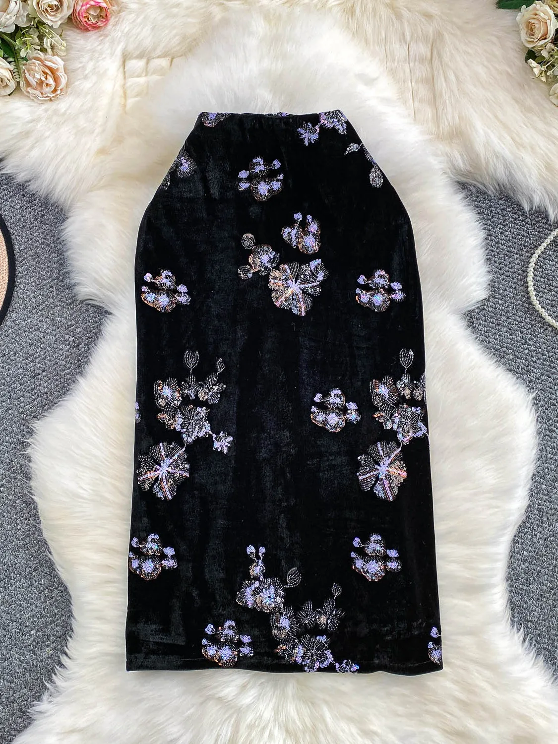 

iny Sequin Heavy Embroidery Velvet Mid-Length Women's Skirt Faionable Slimming High Waist Commute Friendly Korean Sle