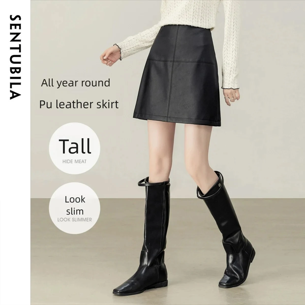 SENTUBILA Women's PU Leather Skirt Autumn 2025 New Mid Waist Office Commuter Chic Elegant Design Faux Leather Skirt 153QA3199