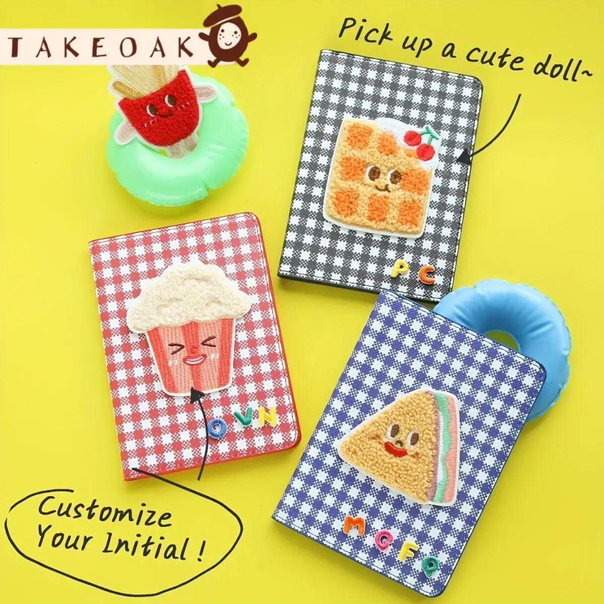 Cute Cartoon Snack Chenille Patch Mini Gingham Plaid PU Leather Card Wallet Customized Name Passport Holder 24H Fast Dispatch