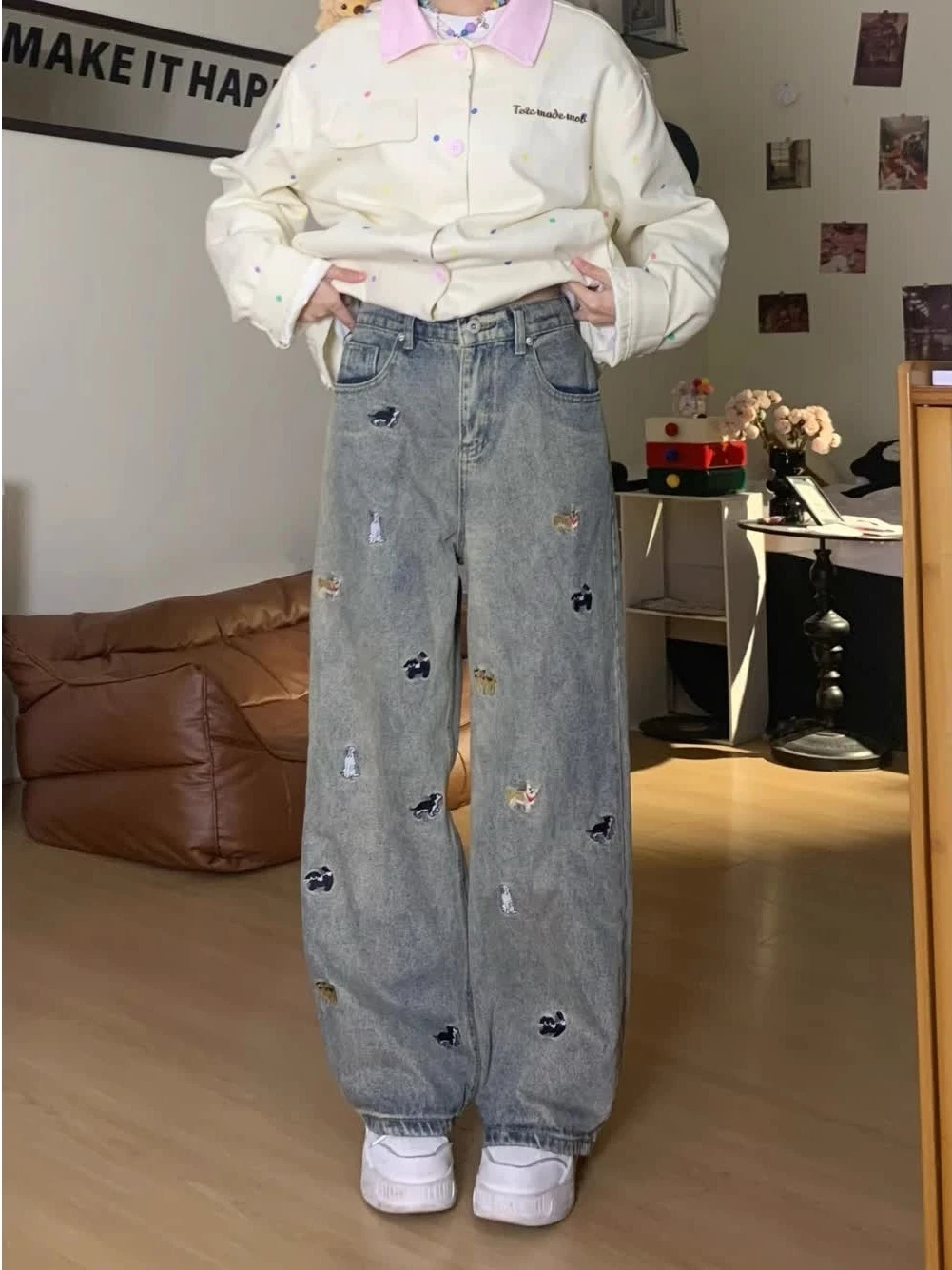 

Джинсы с широкими штанинами и вышивкой в стиле ретро с принтом собак, американские уличные прямые брюки, молодежные, износостойкие, на все сезоны