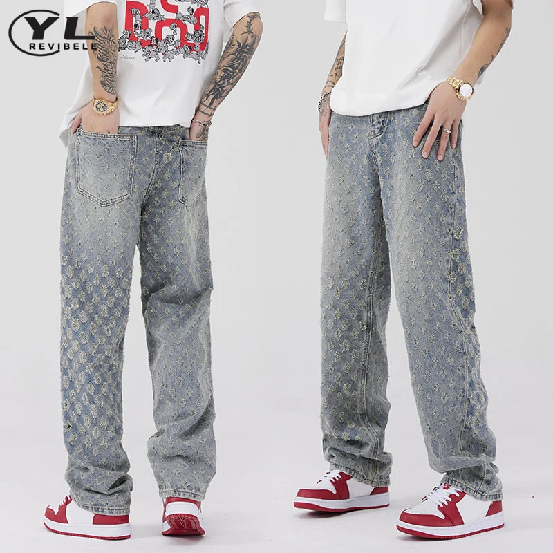 Hip Hop Jacquard Pattern Jeans Men High Street Retro Baggy Blue Straight Denim Pants Spring Autumn Harajuku Casual Trousers 2024