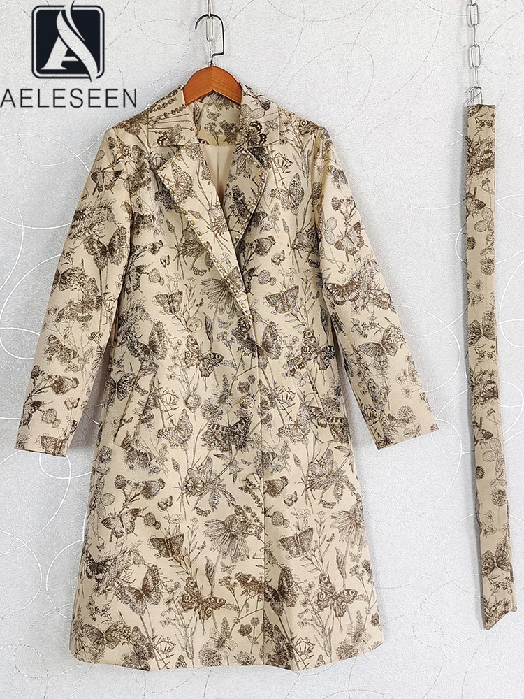 AELESEEN Runway Fashion Elegant Trench For Women Autumn WInter New Butterfly Printed Diamonds Crystal Belt Party Long Coat