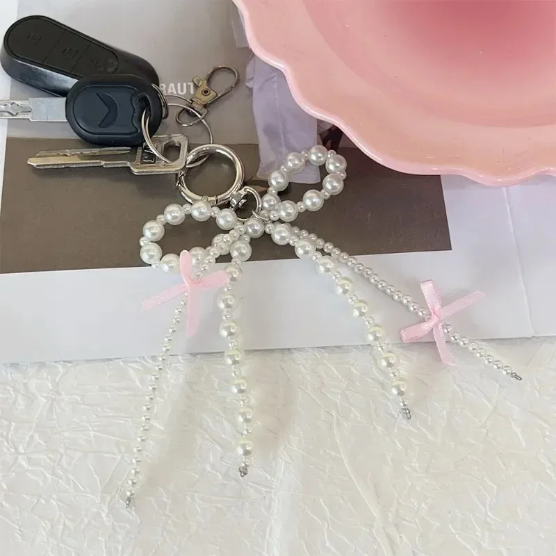 Y2k Pearl Bow Keychain Women Pearl Tassels Pink Ribbon Bow Sweet Cool Key Chains Fashion Metal Purse Key Ring Phone Accessories — zdjęcie 7