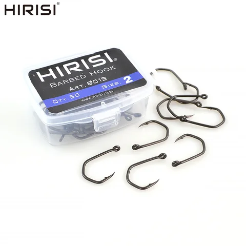 Hirisi 50 pçs ganchos de pesca da carpa farpado ganchos de garra pontiaguda revestimento ptfe alto carbono aço inoxidável olhos ganchos de peixe 8019