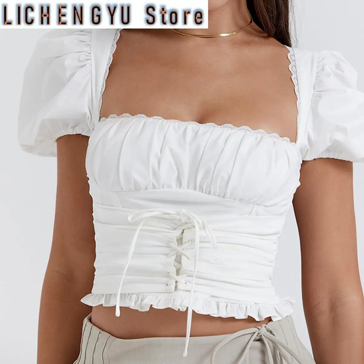 

New Short Sleeve Cropped Top Women Fashion White Square Neck Tops Preppy Style Cotton Lace Up Blouse Women Clothing