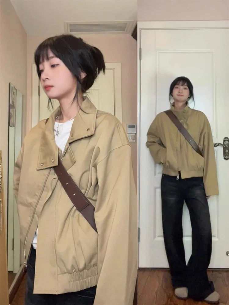 

Khaki Short Workwear Jacket Women's Loose Fit Stand Collar Baseball Style Korean System Autumn New Arrival Ladies Coat