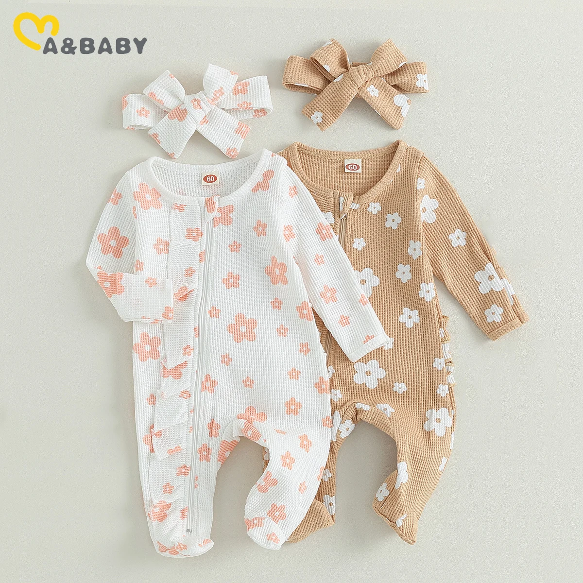 Ma & baby 0-6m baju monyet bayi perempuan, pakaian musim gugur musim semi, Jumpsuit ritsleting lengan panjang motif bunga kerut untuk bayi perempuan