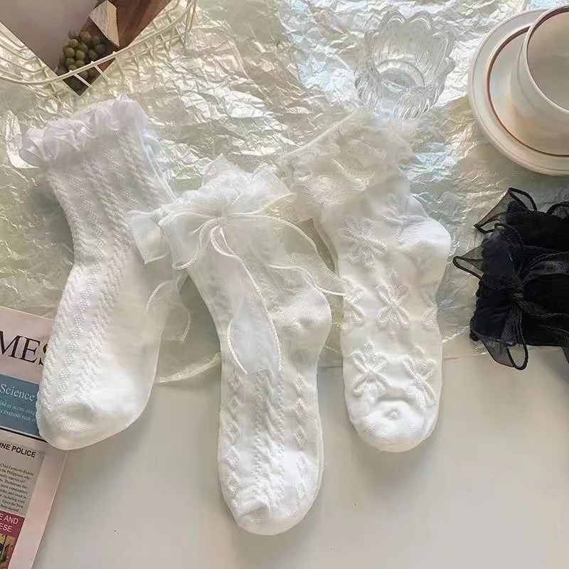 Chaussettes mi-tube en dentelle à nœud blanc simple pour femmes, chaussettes d'été fines et respirantes, chaussettes décontractées japonaises Sweet Lolita Jk, 6/12 paires